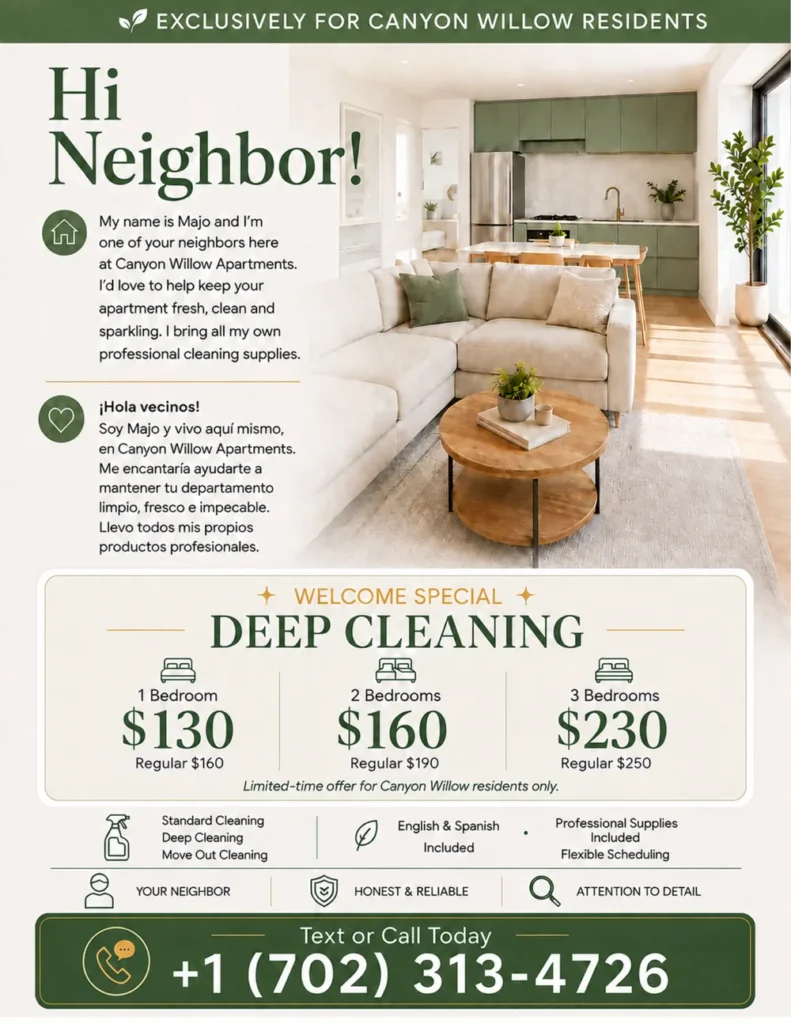 Pieza promocional bilingüe de MAJO CLEANING proporcionada por la profesional